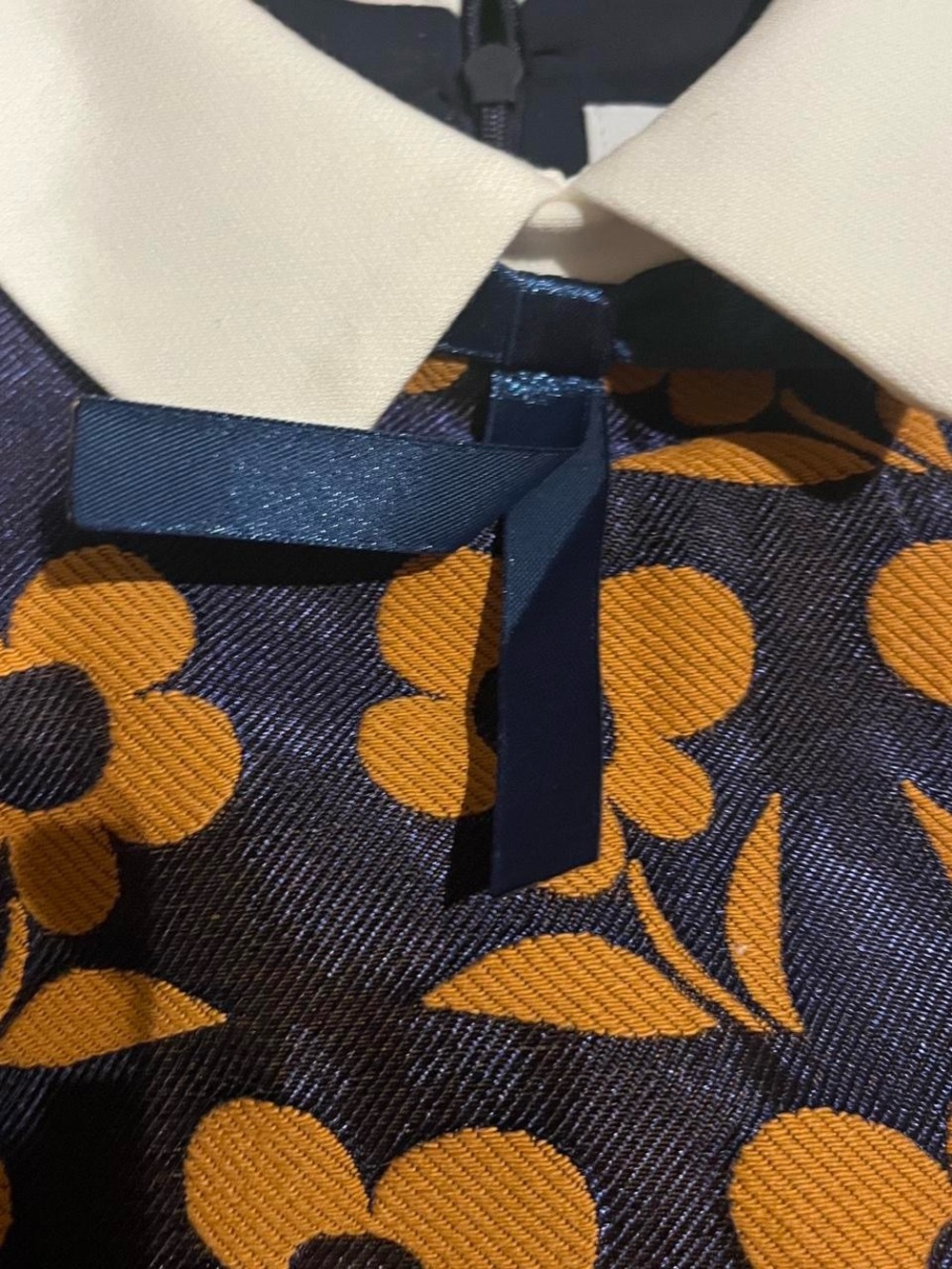 Vintage Navy and Mustard Floral Fit-and-Flare Dress with White Collar - Picture 2 of 5